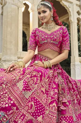 Pink Silk Bridal Lehenga with Hand Embroidery & Zarkan Work for wedding