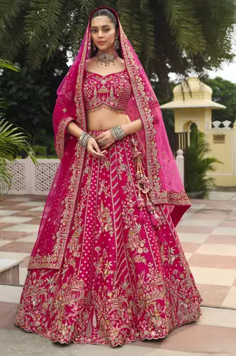pink Premium Silk Bridal Lehenga with Hand Embroidery & Zarkan Work for wedding