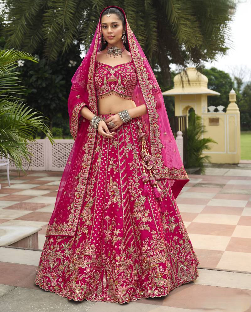 pink Premium Silk Bridal Lehenga with Hand Embroidery & Zarkan Work for wedding