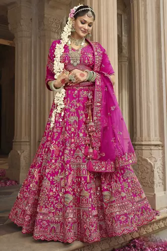 pink Premium Silk Bridal Lehenga with Hand Embroidery & Zarkan Work for wedding