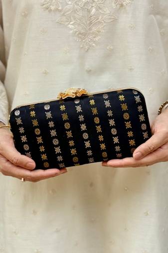 Black silk embroidered clutch