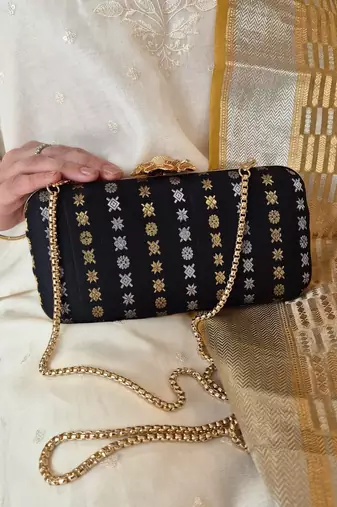 Black silk embroidered clutch