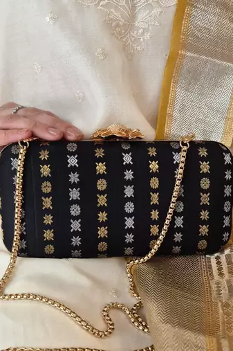 Black silk embroidered clutch