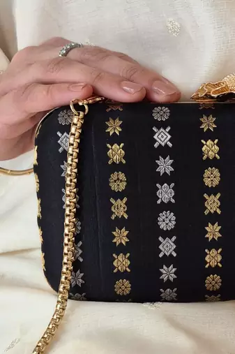 Black silk embroidered clutch