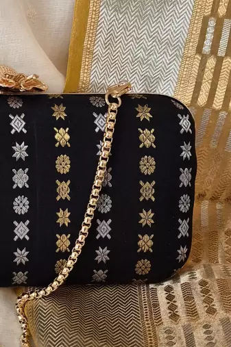 Black silk embroidered clutch