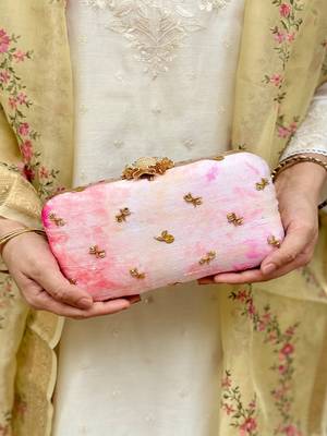 Pink silk embroidered clutch 1