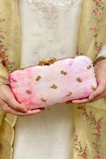 Pink silk embroidered clutch
