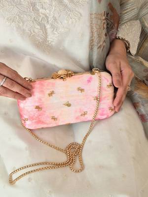 Pink silk embroidered clutch 2