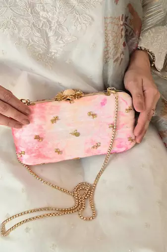 Pink silk embroidered clutch