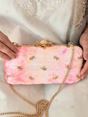 Pink silk embroidered clutch 3