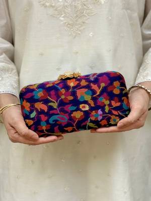 Blue wool floral embroidered clutch 1