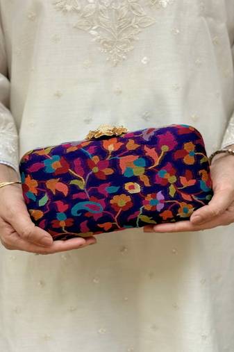 Blue wool floral embroidered clutch
