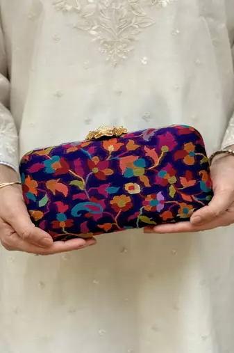 Blue wool floral embroidered clutch