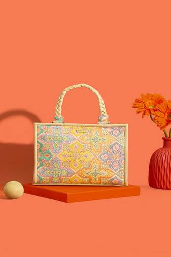 Multicolor silk floral embroidered tote bag