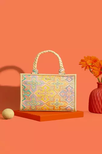 Multicolor silk floral embroidered tote bag