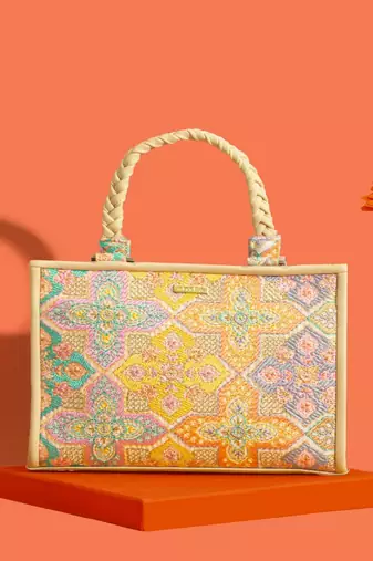 Multicolor silk floral embroidered tote bag