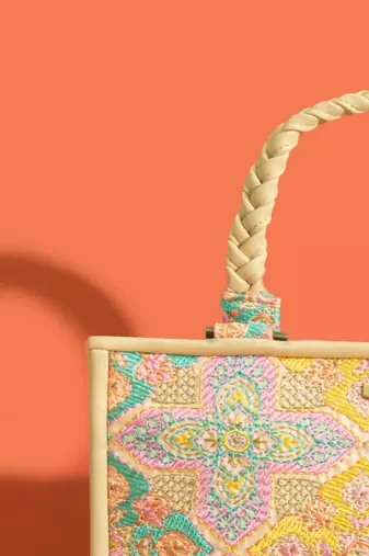 Multicolor silk floral embroidered tote bag
