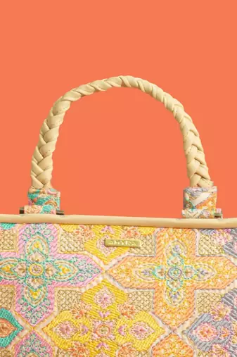 Multicolor silk floral embroidered tote bag