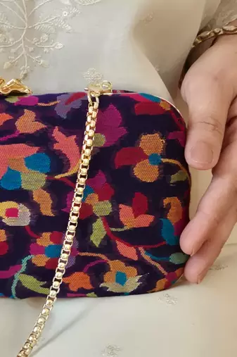 Blue wool floral embroidered clutch