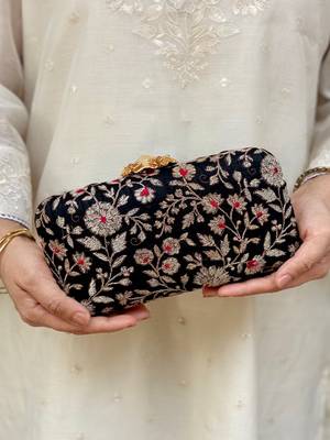 Black silk floral embroidered clutch 1