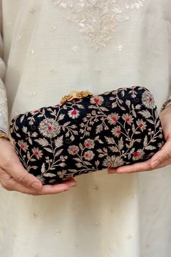 Black silk floral embroidered clutch