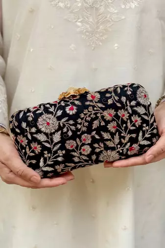 Black silk floral embroidered clutch