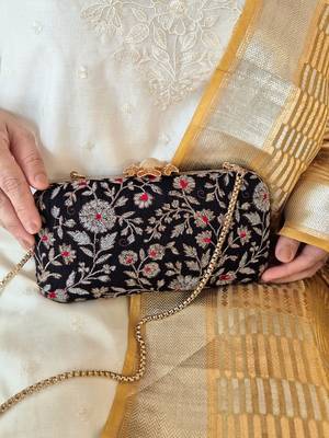 Black silk floral embroidered clutch 2