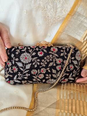Black silk floral embroidered clutch 3
