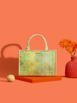 Mint silk embroidered tote bag 1