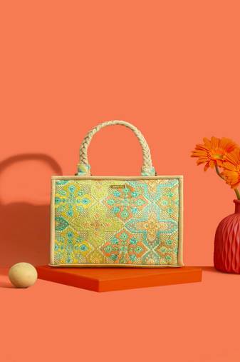 Mint silk embroidered tote bag
