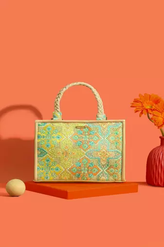 Mint silk embroidered tote bag