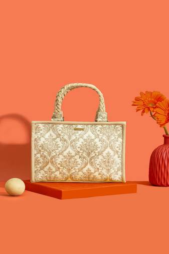 Beige silk floral embroidered tote bag