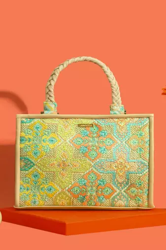 Mint silk embroidered tote bag