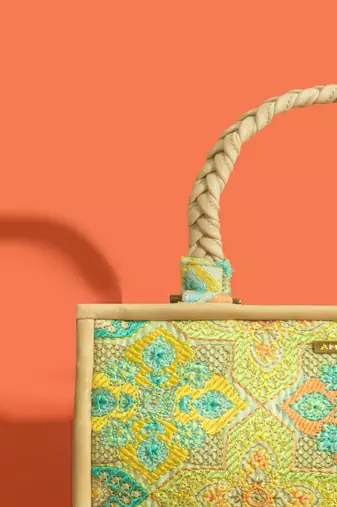 Mint silk embroidered tote bag