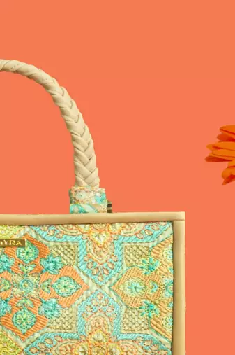 Mint silk embroidered tote bag