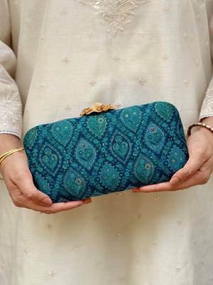 Blue wool floral embroidered clutch 1