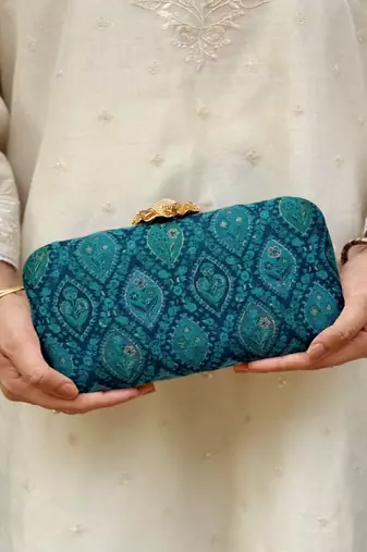 Blue wool floral embroidered clutch