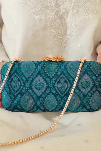 Blue wool floral embroidered clutch