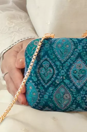 Blue wool floral embroidered clutch
