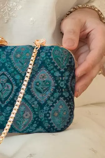 Blue wool floral embroidered clutch