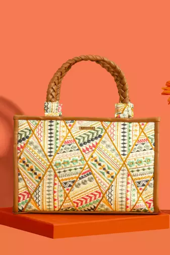 Multicolor silk embroidered tote bag