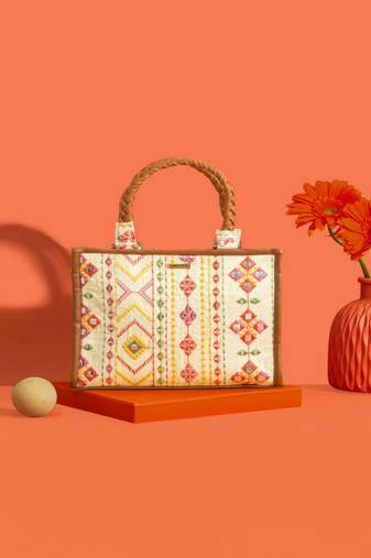 Multicolor silk embroidered tote bag