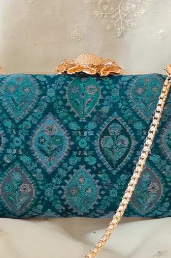Blue wool floral embroidered clutch