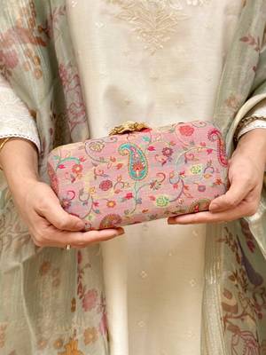 Pink wool floral embroidered clutch 1