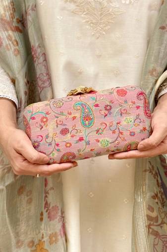 Pink wool floral embroidered clutch