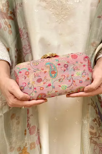 Pink wool floral embroidered clutch