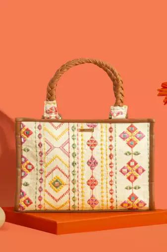 Multicolor silk embroidered tote bag