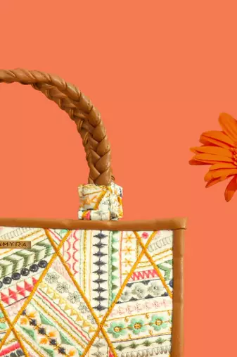 Multicolor silk embroidered tote bag