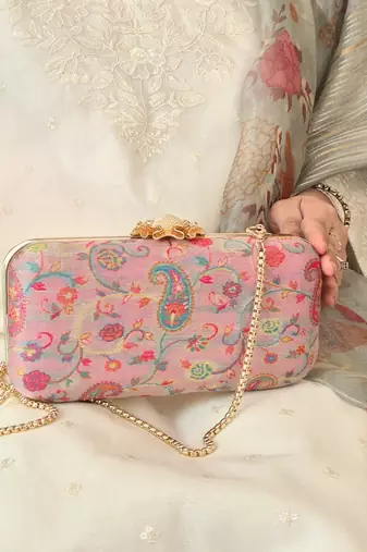 Pink wool floral embroidered clutch