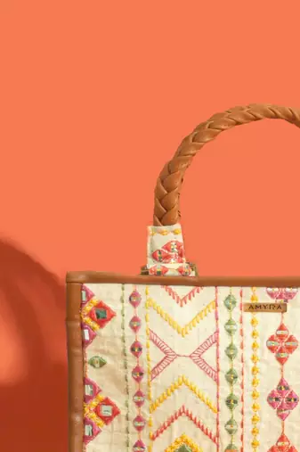 Multicolor silk embroidered tote bag